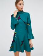 Closet Pep Sleeve Detailed Flare Dress - Green