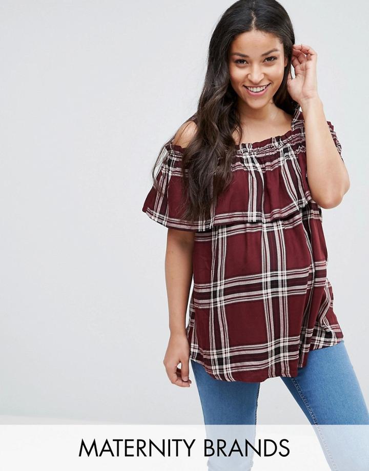 New Look Maternity Check Cold Shoulder Top - Red