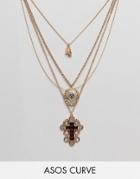 Asos Design Curve Exclusive Multirow Necklace With Choker And Crystal Vintage Icon And Cross Pendant In Gold - Gold