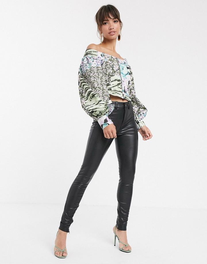 Asos Design Off Shoulder Top In Mixed Print-multi