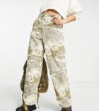 Topshop Petite High Rise Straight Leg Utility Pants In Khaki Camo Print-green