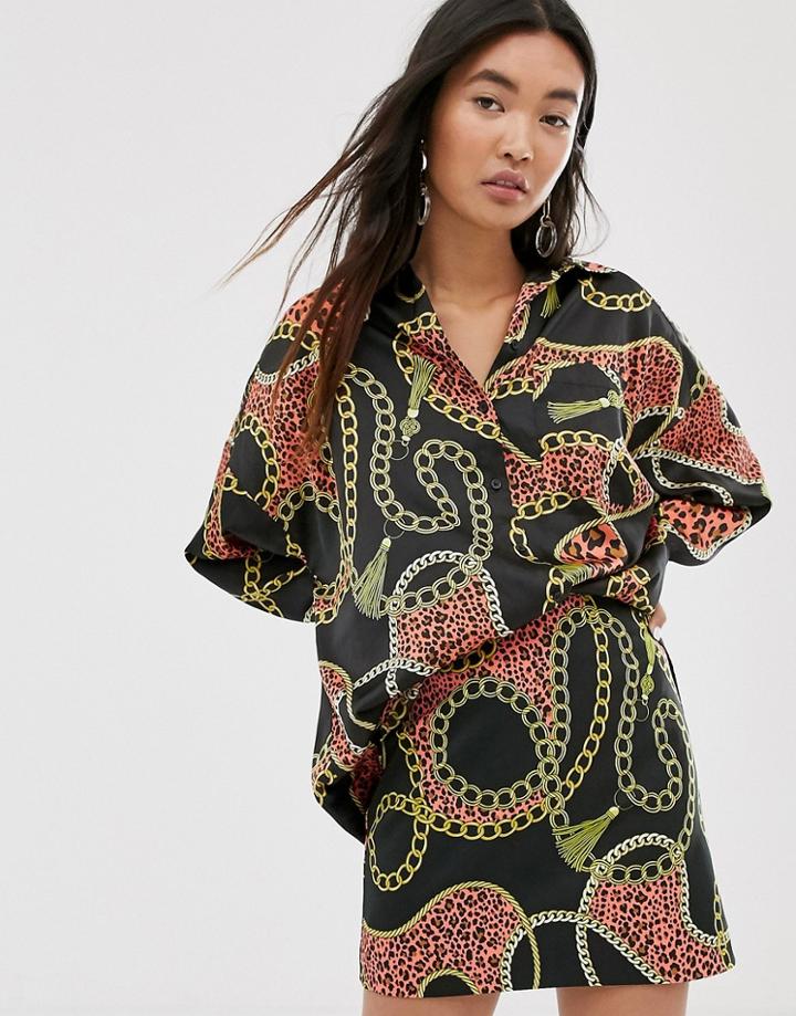 Monki Chain Print Oversized Longline Satin Blouse In Black - Black