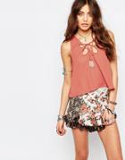 Young Bohemians Festival Swing Top With Lace Up Front Detail - Coral