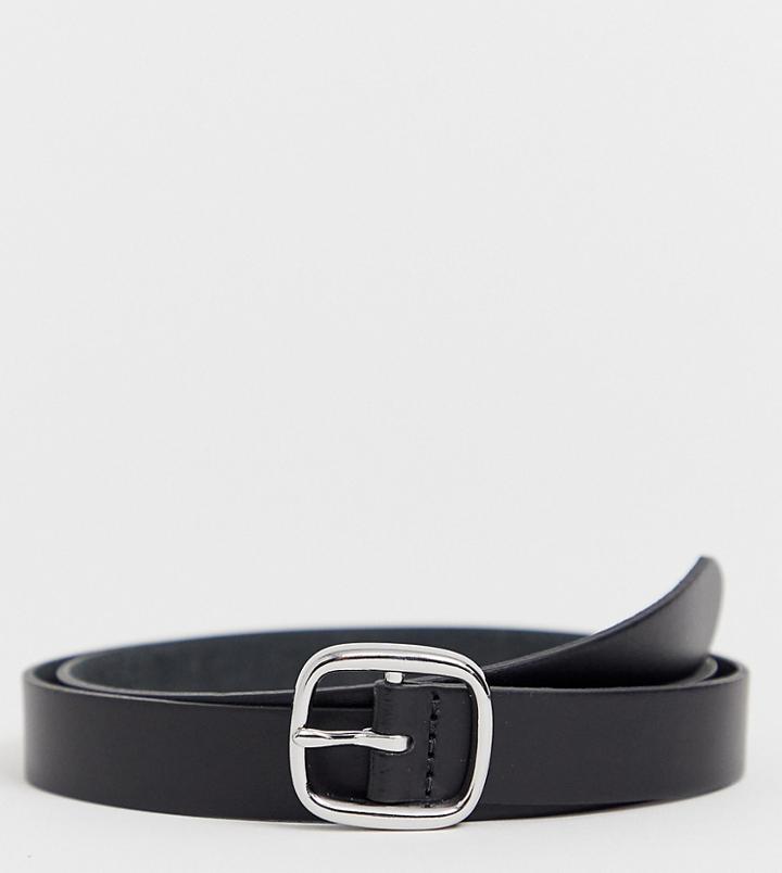 Asos Design Leather Skinny Belt In Black With Silver Circle Buckle - Black