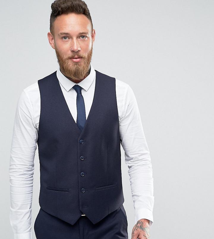 Farah Skinny Flannel Suit Vest In Navy Exclusive At Asos