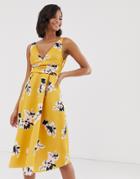Asos Design Floral Prom Midi Dress With Wrap Waist Detail - Multi