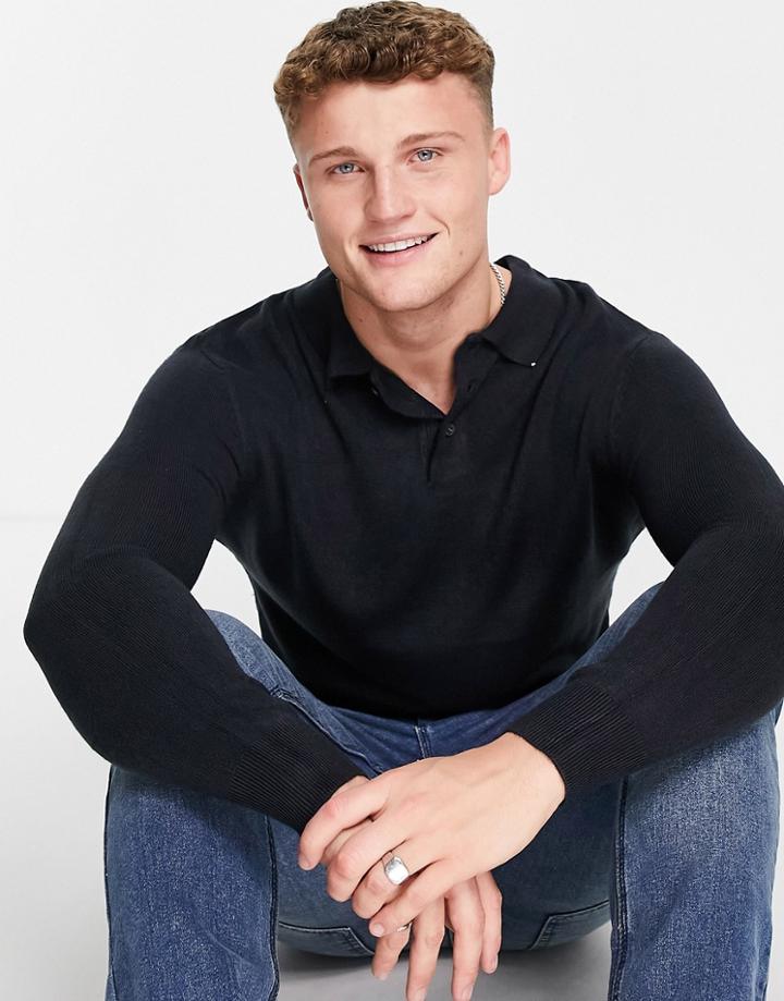 French Connection Soft Touch Long Sleeve Knitted Polo In Navy