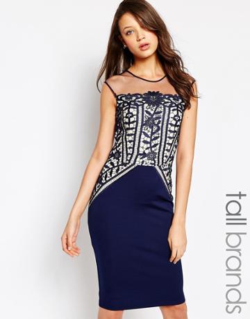 Little Mistress Tall Premium Lace Detail Pencil Dress - Navy