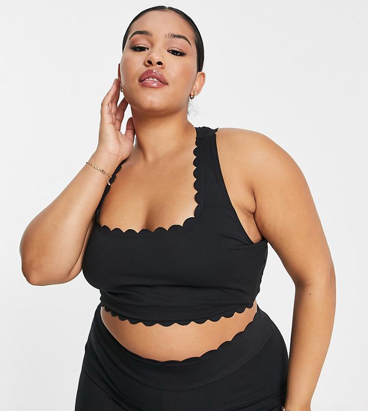 South Beach Plus Polyester Scallop Edge Crop Top In Black