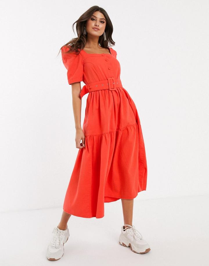 Asos Design Denim Belted Prairie Midi Dress With Puff Sleeve
