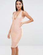 Naanaa Plunge Neck Bodycon Midi Dress In Satin Sheer Stripe - Nude Stripe