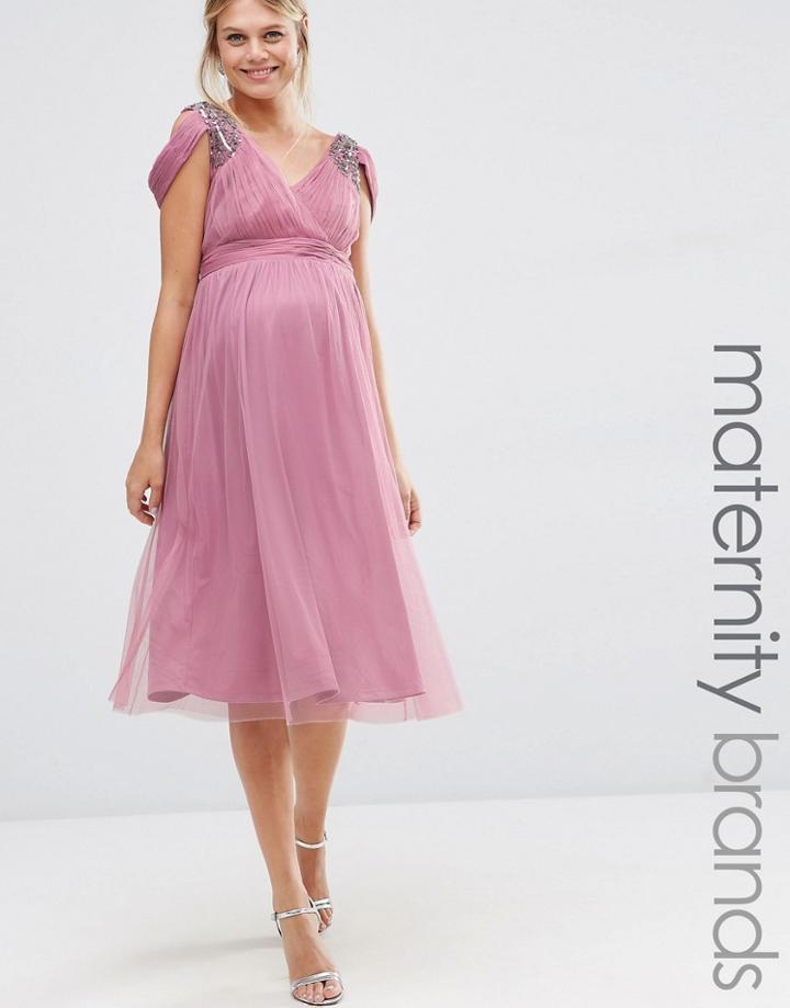 Little Mistress Maternity Embellished Cold Shoulder Plunge Midi Dress - Purple
