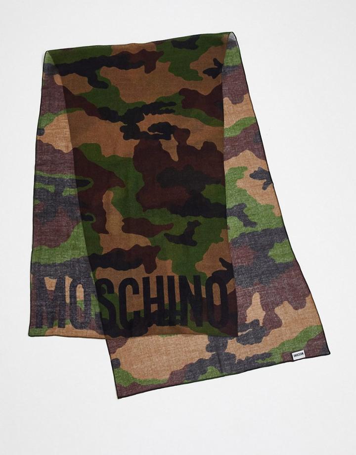 Moschino Logo Camo Print Scarf In Khaki-green