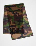 Moschino Logo Camo Print Scarf In Khaki-green