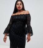 Flounce London Plus Bardot Sequin Lace Midi Dress With Fluted Sleeves In Black