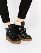 Asos Adaptive Faux Shearling Lace Up Ankle Boots - Black