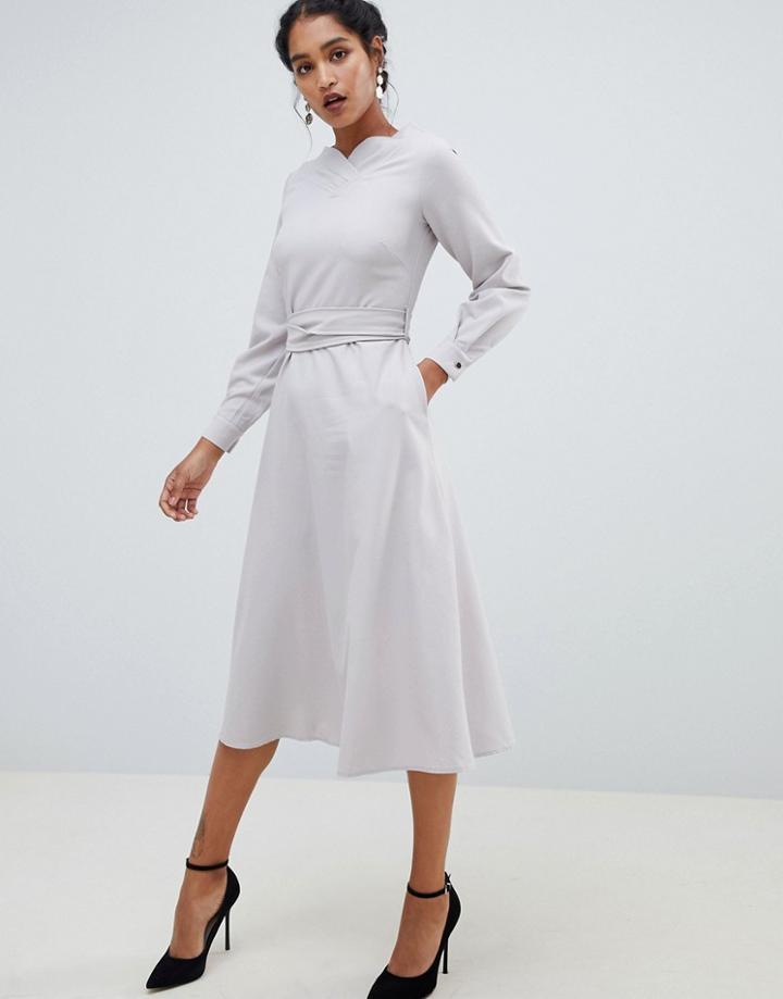 Closet London Long Sleeve Belted Midi Dress - Gray