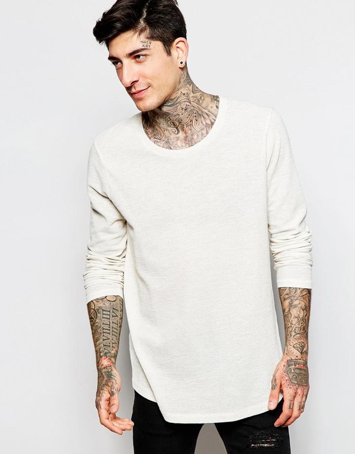 Asos Linen Mix Waffle Longline Long Sleeve T-shirt - Oatmeal Marl