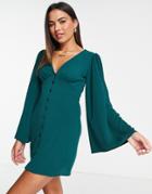 Asos Design Button Up Mini Dress With 70s Sleeves In Bottle Green