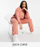 Asos Design Curve Tracksuit Oversized Sweatshirt / Oversized Sweatpants With Pintuck In Acid Wash In Terracotta-brown