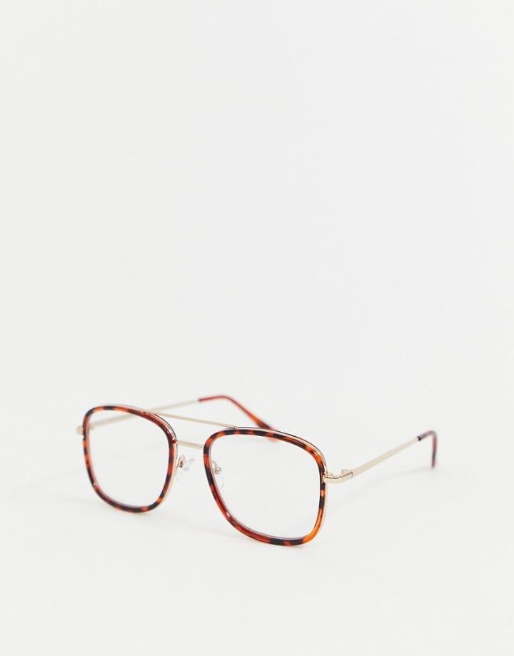 Asos Design Tort Navigator Glasses In Brown With Clear Lens And Gold Metal Detail - Brown