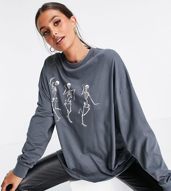 Asos Design Tall Halloween T-shirt With Dancing Skeletons With Long Sleeve In Charcoal-grey