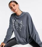 Asos Design Tall Halloween T-shirt With Dancing Skeletons With Long Sleeve In Charcoal-grey