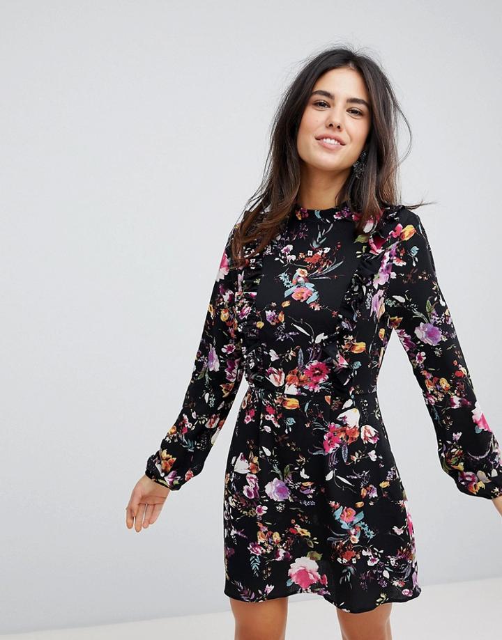 Ax Paris Long Sleeve Floral Shift Dress With Frill Detail - Black