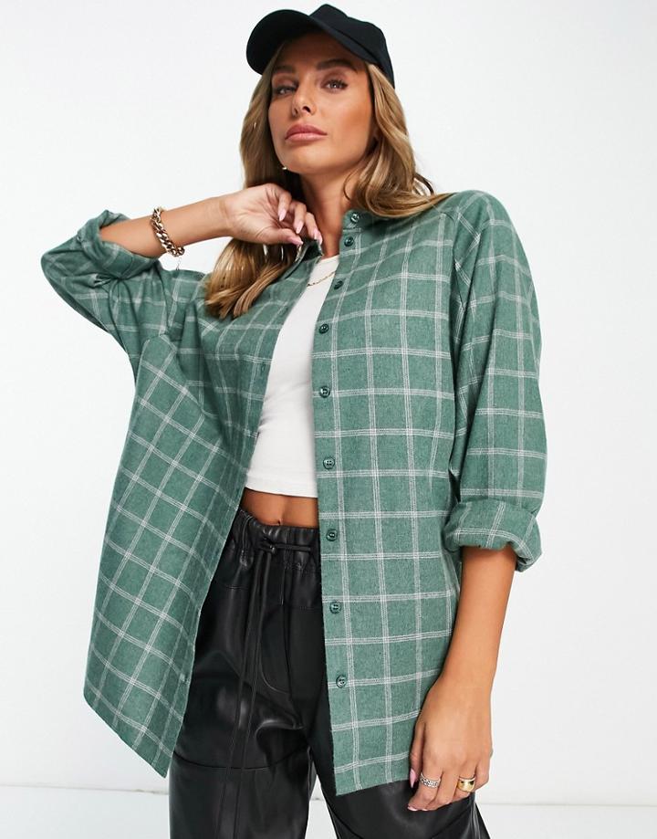 Asos Design Long Sleeve Boyfriend Shirt In Green & White Check