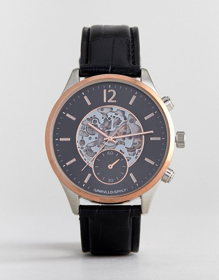 Asos Design Vintage Style Watch With Black Crocodile Emboss Strap And Exposed Cogs - Black
