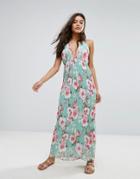 Missguided Plisse Plunge Floral Maxi Dress - Green