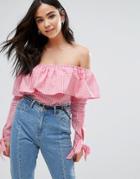 Influence Frill Bardot Gingham Top With Tie Cuffs - Pink
