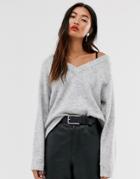 Selected Femme Oversized Knitted V-neck Sweater-gray