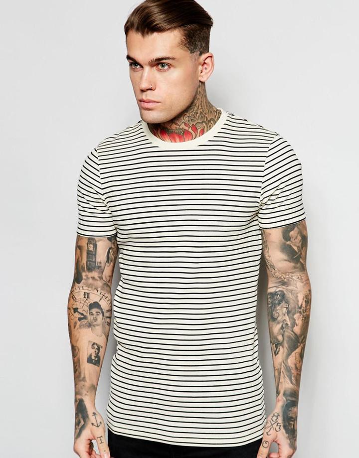 Asos Longline Extreme Muscle Stripe T-shirt In Ecru