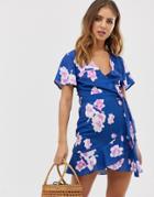 Parisian Wrap Dress With Tie Waist In Blue Floral - Blue