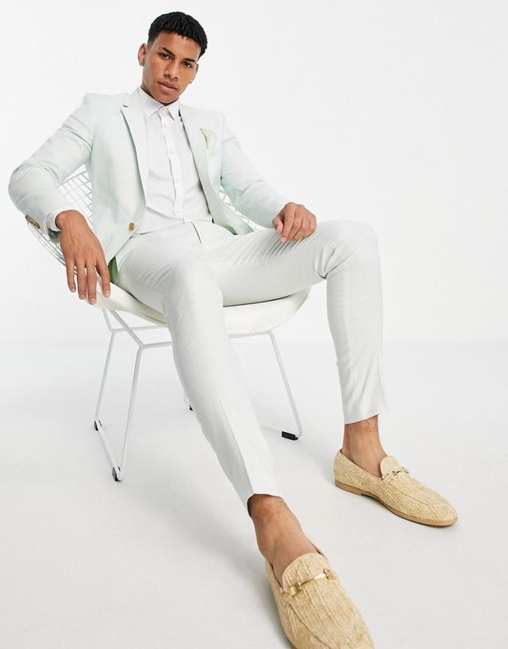 Asos Design Wedding Super Skinny Suit Pants In Pastel Green Cotton Linen