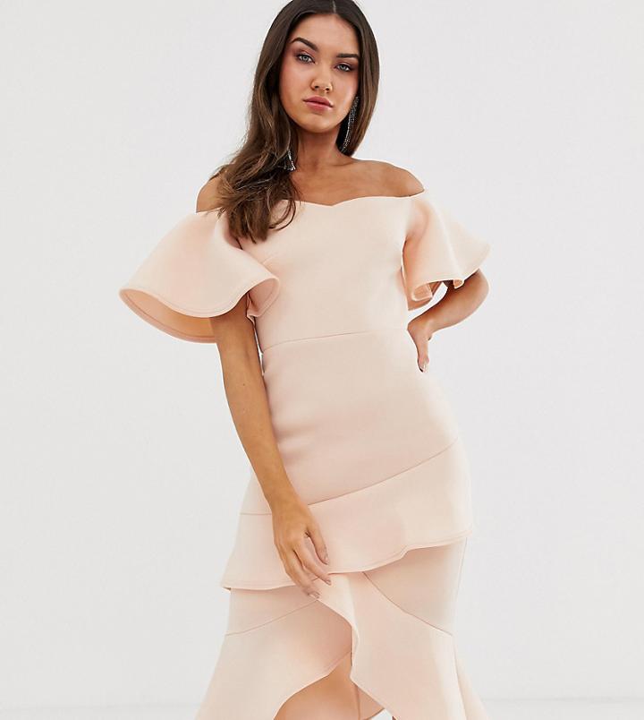 True Violet Off The Shoulder Frill Midi Bodycon Dress - Pink