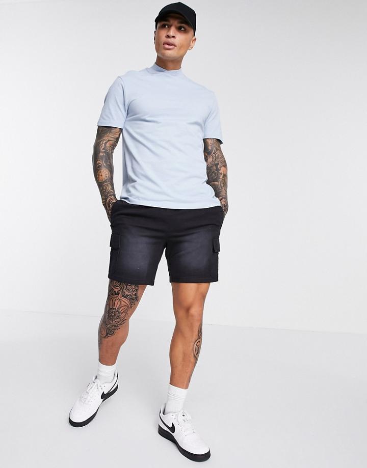 Asos Design Pique T-shirt With Turtleneck In Blue-blues