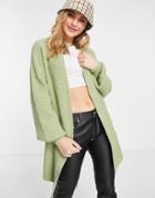 Topshop Knit Balloon Sleeve Belted Wrap Cardi In Sage-green