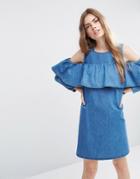 Asos Denim Shift Dress With Cold Shoulder And Ruffle Detail - Mid Blue