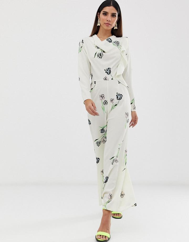 Asos Design Floral Print Long Sleeve Asymmetric Frill Jumpsuit - Multi