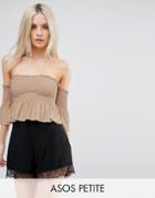 Asos Petite Off Shoulder Top With Shirring Ruffle Detail - Beige