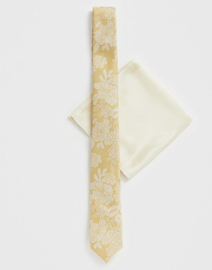Asos Design Wedding Slim Tie & Pocket Square In Yellow Floral - Yellow
