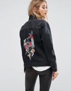 New Look Floral Embroidered Denim Jacket - Black
