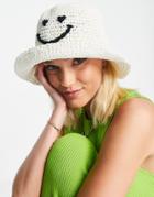 Asos Design Packable Crochet Straw Bucket Hat With Happy Face And Size Adjuster In White