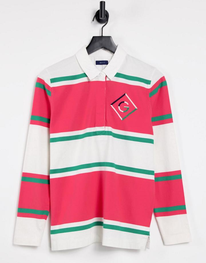 Gant Mixed Stripe Long Sleeve Rugby T-shirt In Cream And Red-white