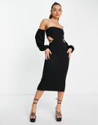 Asos Design Bardot Long Sleeve Midi Dress With Side Cut-outs In Black