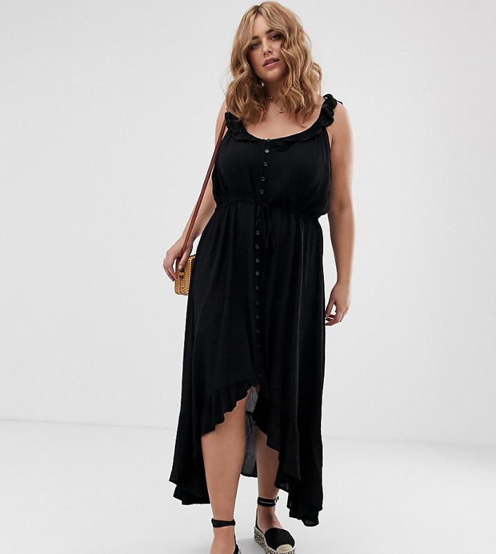 City Chic Button Front Maxi Beach Dress In Black
