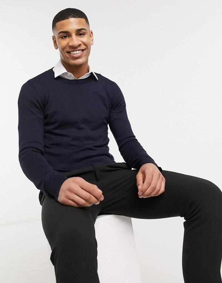 Gianni Feraud Premium Muscle Fit Stretch Crew Neck Sweater In Navy