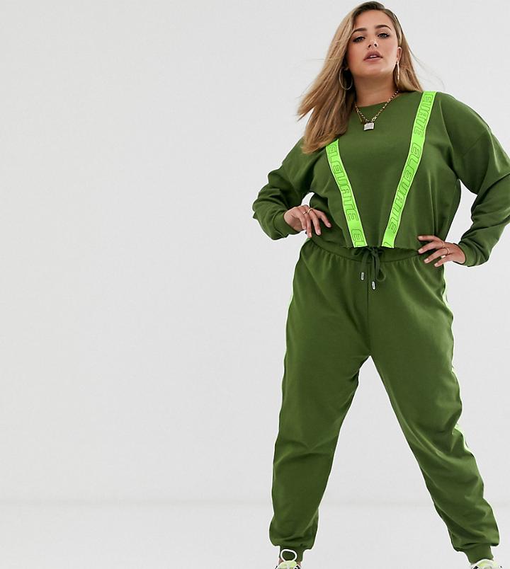 Asos Design Curve Tracksuit Cropped Sweat / Jogger With Neon Reflective Tape - Beige